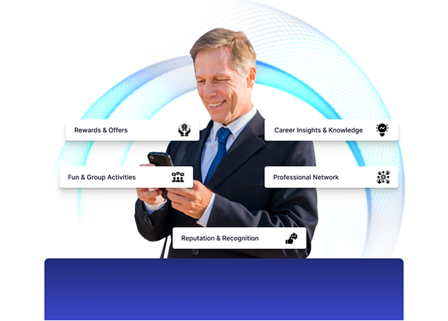 Man using a phone with abstract UI elements